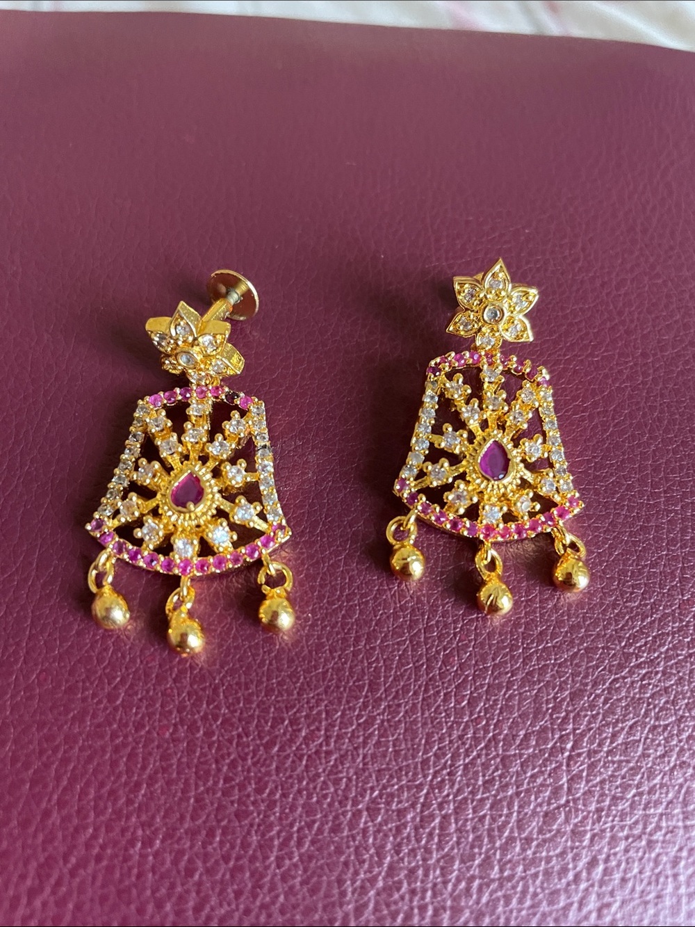 Gold-Tone Filigree Dangle Earrings with Pink and White Stones